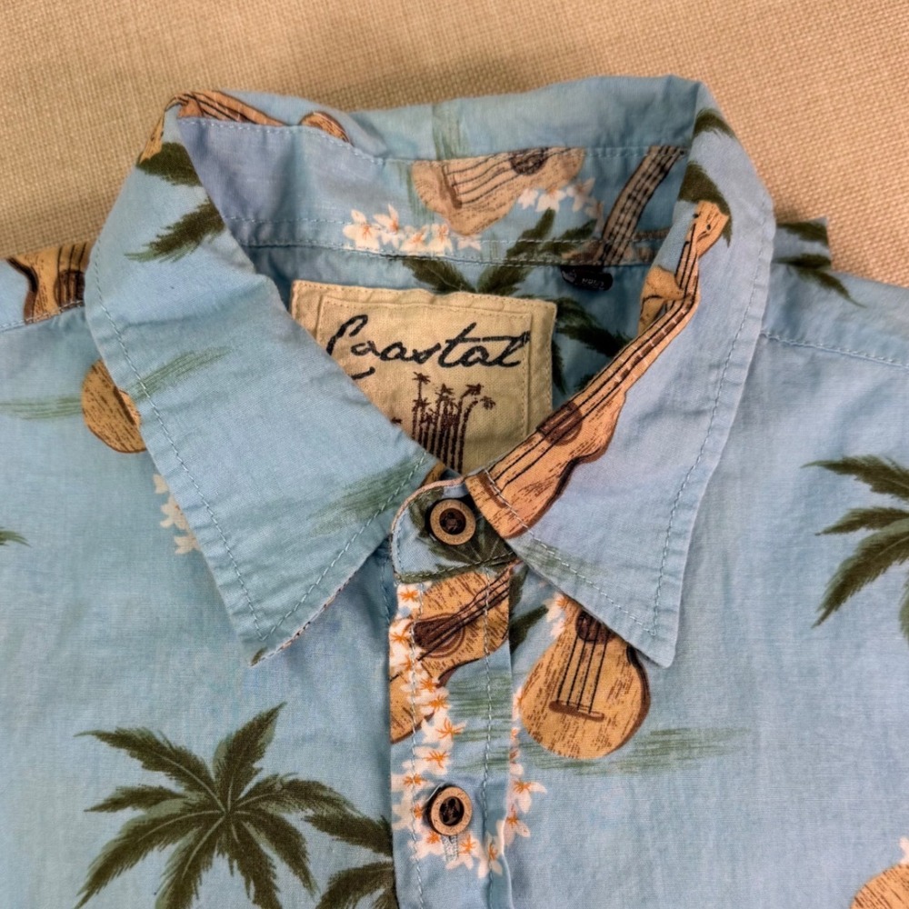 Coastal Blue Hawaiian Shirt w/ Ukuleles & Palms L